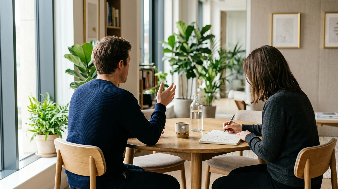 Twee anonieme personen in gesprek aan een werktafel, redactionele sfeer